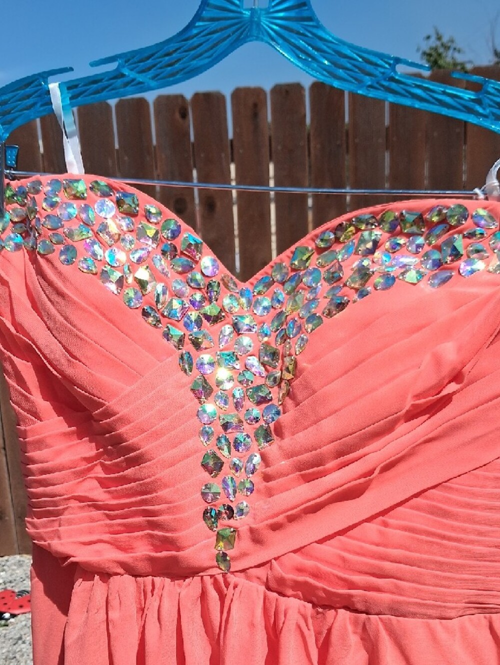Strapless Coral Evening Gown with Embellished Sweetheart Bodice - Picture 2 of 6